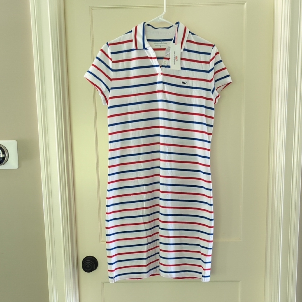 Vineyard Vines Patriotic 4th Of July Red, Blue, and White Striped Polo Dress NWT